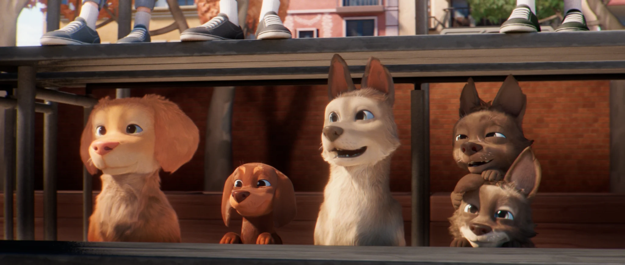 Five puppies peek out from under a wooden bleacher, with children’s sneakers dangling above.