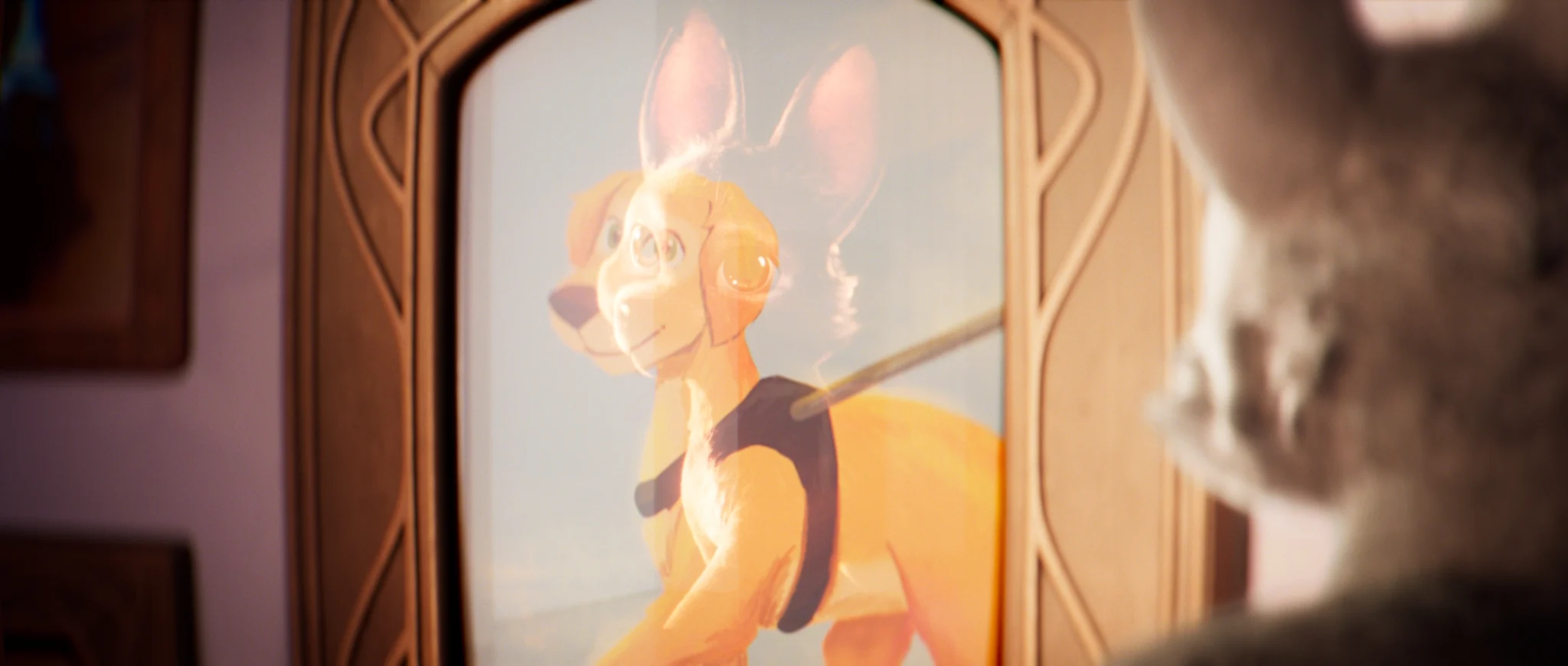 A puppy’s reflection in a glass pane turns into a golden dog wearing a guide dog harness.