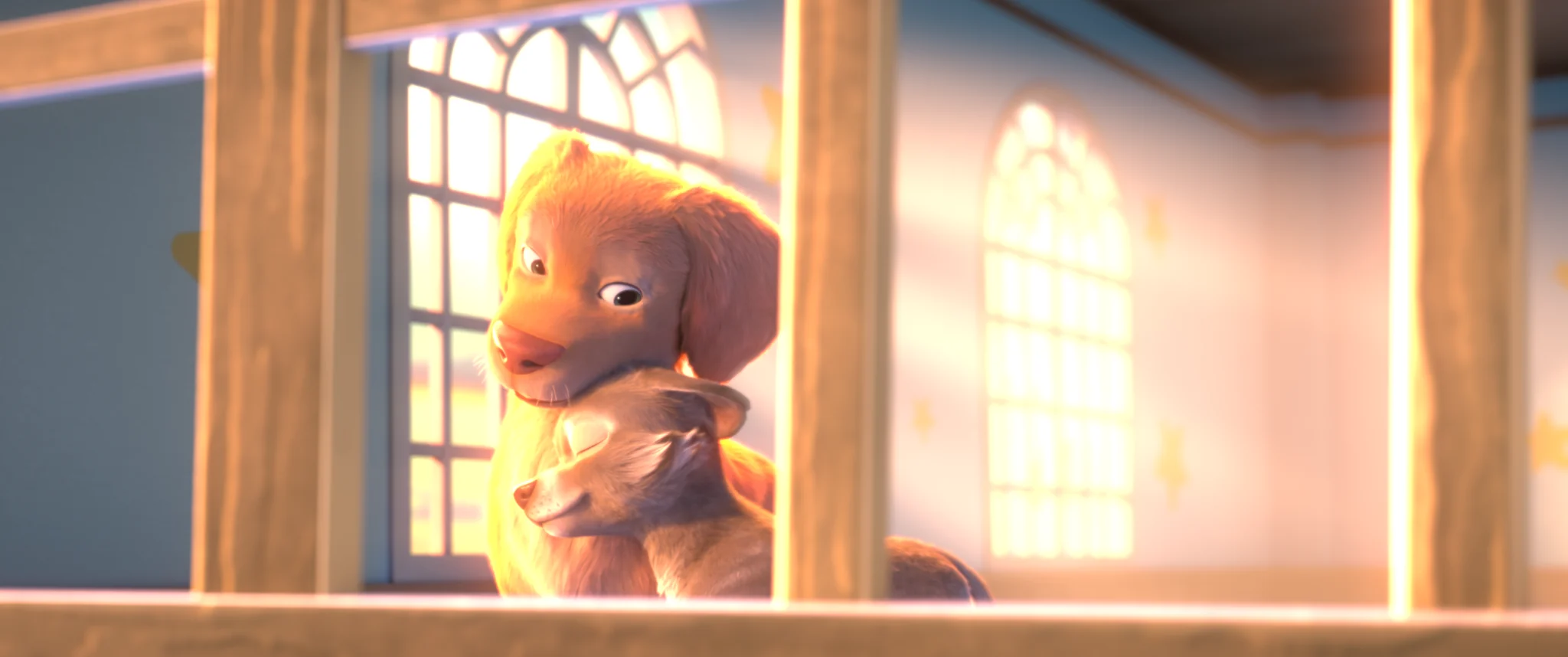 A golden dog hugs a puppy, who closes its eyes, beside a window glowing with evening light.